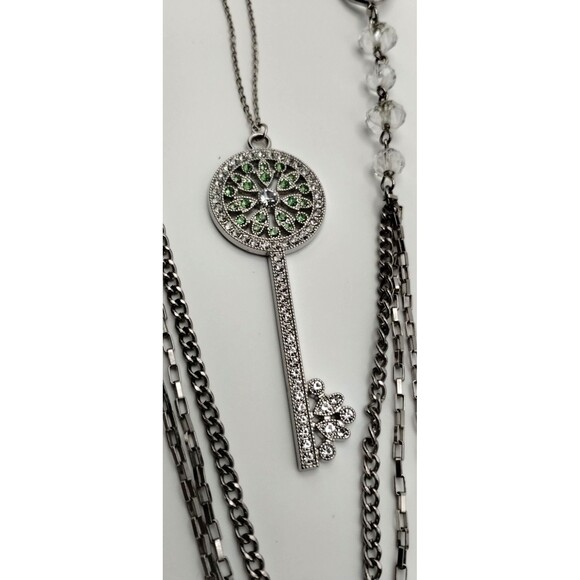 Green Crystal Key Necklace Triple Chain Bottom Into One Faceted Crystal Layered - Picture 3 of 12